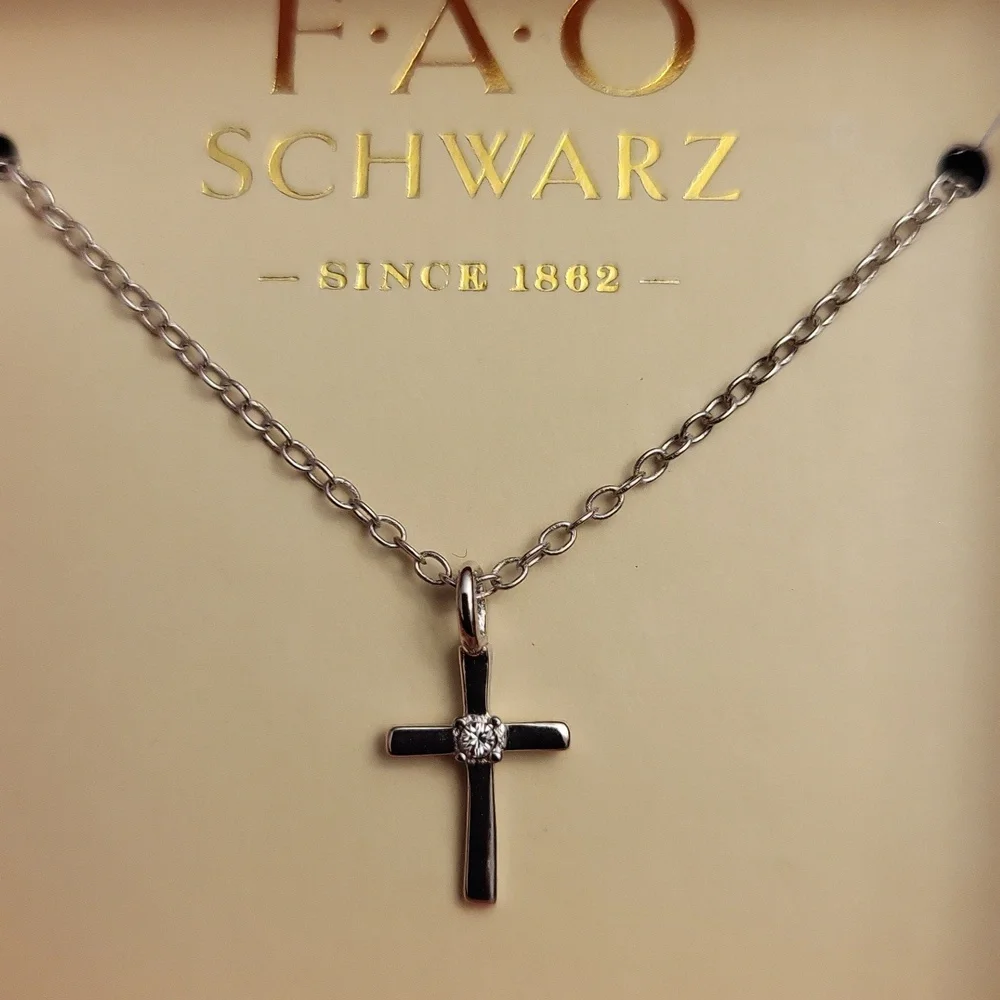 FAO Schwarz 9.25 Sterling Silver Cross With Crystal Stone Necklace